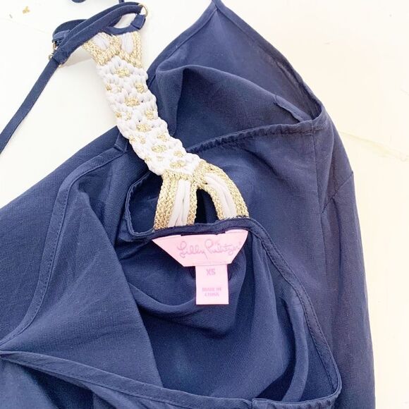 Lilly Pulitzer Navy Silk Macrame Crochet Back Dusk Top Racerback Women’s Size XS - Picture 5 of 9
